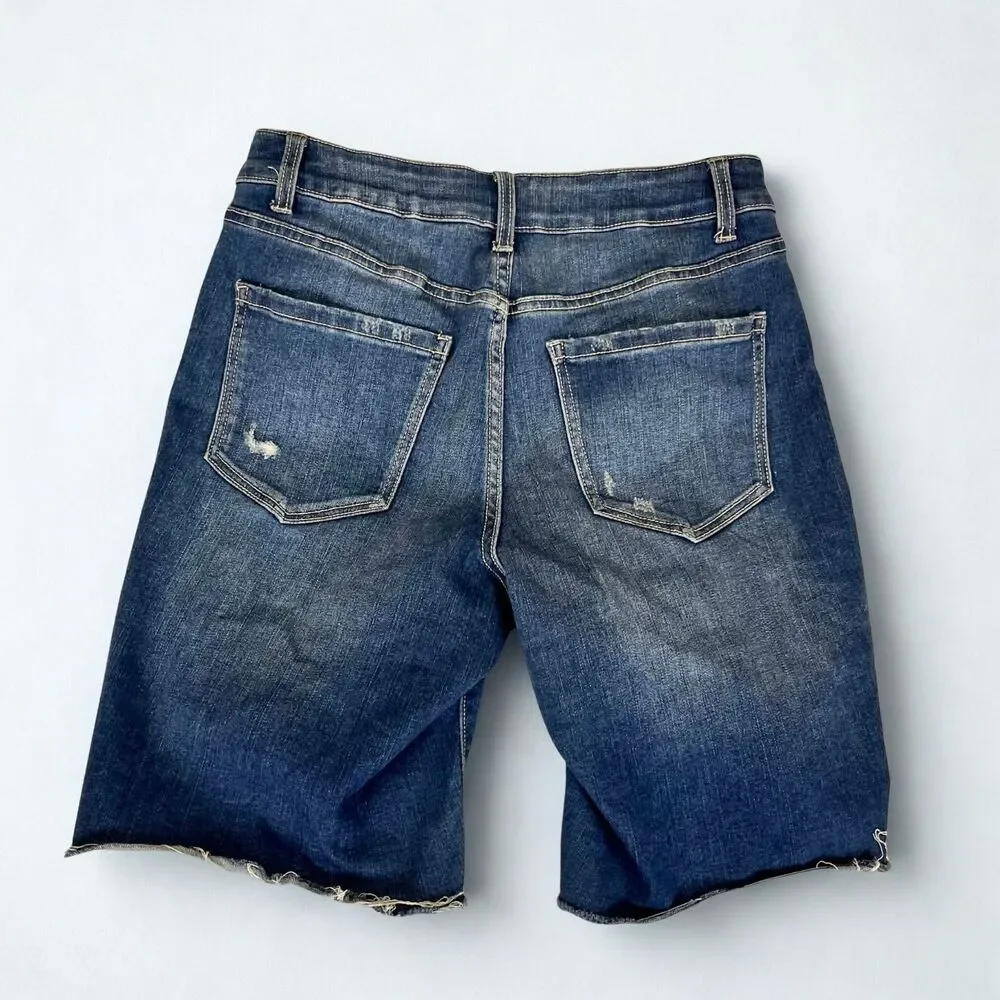 Time and Tru Denim Shorts Women 8 High Rise Distressed Bermuda Raw Hem Buttonfly